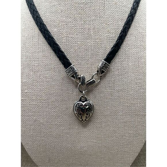 Brighton Silver Tone and Black Leather Braided Heart Charm Necklace 17” - Picture 3 of 7